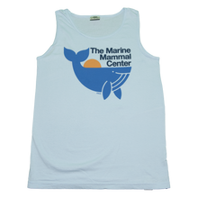 Load image into Gallery viewer, Light blue tank top with blue whale design and text &quot;The Marine Mammal Center&quot; on top
