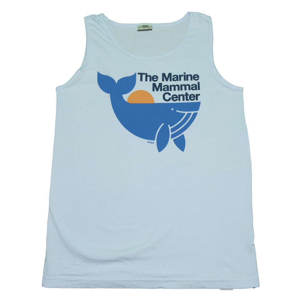 Light blue tank top with blue whale design and text 