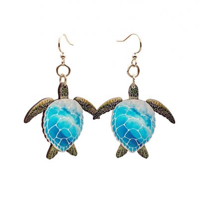 Blue Sea Turtle Wood Earrings