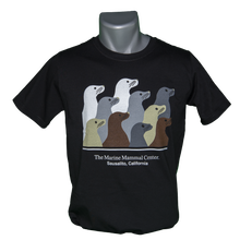 Load image into Gallery viewer, Black t-shirt with ten sea lions design, on mannequin bust
