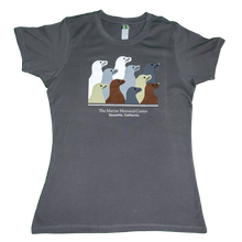 Load image into Gallery viewer, Gray t-shirt with design of ten sea lion profiles in brown, gray, tan, and white, and text &quot;The Marine Mammal Center Sausalito, California&quot; underneath.
