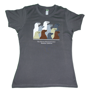 Gray t-shirt with design of ten sea lion profiles in brown, gray, tan, and white, and text "The Marine Mammal Center Sausalito, California" underneath.