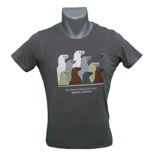 Gray t-shirt with ten sea lions design, on mannequin bust