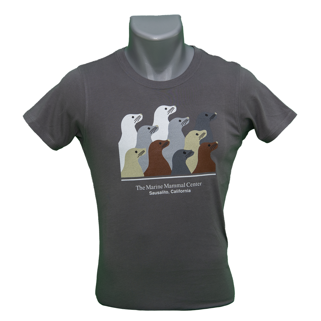 Gray t-shirt with ten sea lions design, on mannequin bust