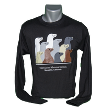 Load image into Gallery viewer, Black long-sleeve t-shirt with ten sea lions design, on mannequin bust

