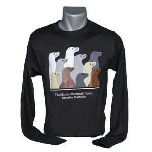 Black long-sleeve t-shirt with ten sea lions design, on mannequin bust