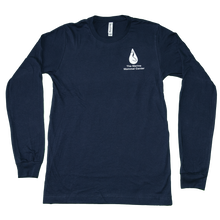 Load image into Gallery viewer, Navy blue long-sleeve shirt with Marine Mammal Center logo in white on left chest and brand tag BELLA+CANVAS
