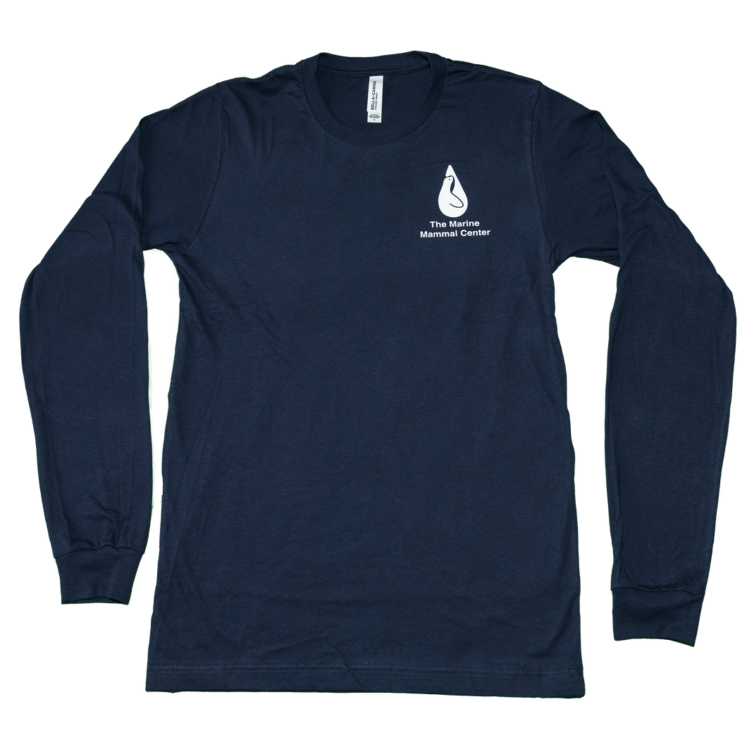 Navy blue long-sleeve shirt with Marine Mammal Center logo in white on left chest and brand tag BELLA+CANVAS