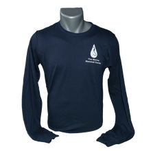 Load image into Gallery viewer, Navy blue Marine Mammal Center logo long-sleeve shirt on gray mannequin bust
