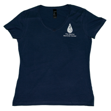 Load image into Gallery viewer, Navy blue v-neck t-shirt with white Marine Mammal Center logo on left chest
