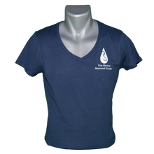 Load image into Gallery viewer, Navy blue logo t-shirt on straight-cut mannequin
