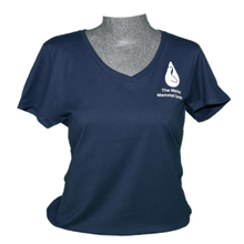 Load image into Gallery viewer, Navy blue logo v-neck on fitted-cut mannequin
