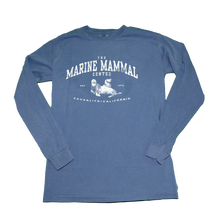Load image into Gallery viewer, Denim blue long-sleeve shirt with white vintage print sea lion design on front and text &quot;THE MARINE MAMMAL CENTER&quot; above, &quot;SAUSALITO CALIFORNIA&quot; below
