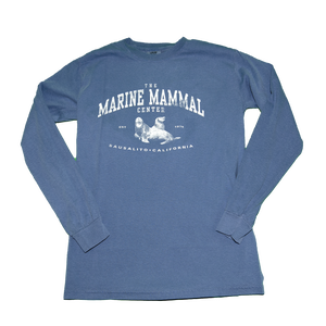 Denim blue long-sleeve shirt with white vintage print sea lion design on front and text "THE MARINE MAMMAL CENTER" above, "SAUSALITO CALIFORNIA" below