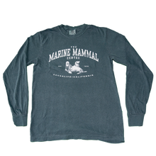 Load image into Gallery viewer, Longsleeve green t-shirt with a weathered, vintage appearance. The design is centered on the chest depicting a pair of sea lions with &quot;The Marine Mammal Center est. 1975 Sausalito California&quot; in white ink.
