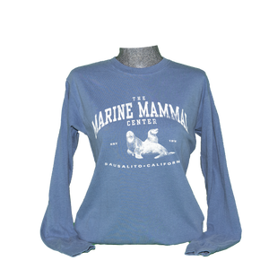 Blue long-sleeve sea lion shirt on fitted cut mannequin bust