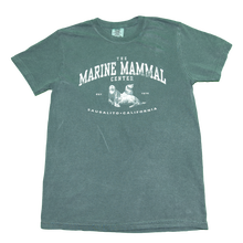 Load image into Gallery viewer, Spruce green t-shirt with vintage style sea lion design and text &quot;THE MARINE MAMMAL CENTER&quot; above and &quot;SAUSALITO CALIFORNIA&quot; below
