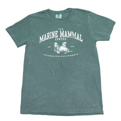 Spruce green t-shirt with vintage style sea lion design and text 