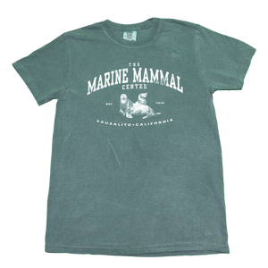 Spruce green t-shirt with vintage style sea lion design and text "THE MARINE MAMMAL CENTER" above and "SAUSALITO CALIFORNIA" below