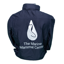 Load image into Gallery viewer, Back of navy blue windbreaker with extra-large Marine Mammal Center logo in white. 
