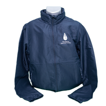 Load image into Gallery viewer, Navy blue windbreaker with The Marine Mammal Center&#39;s logo in white on upper left chest. 
