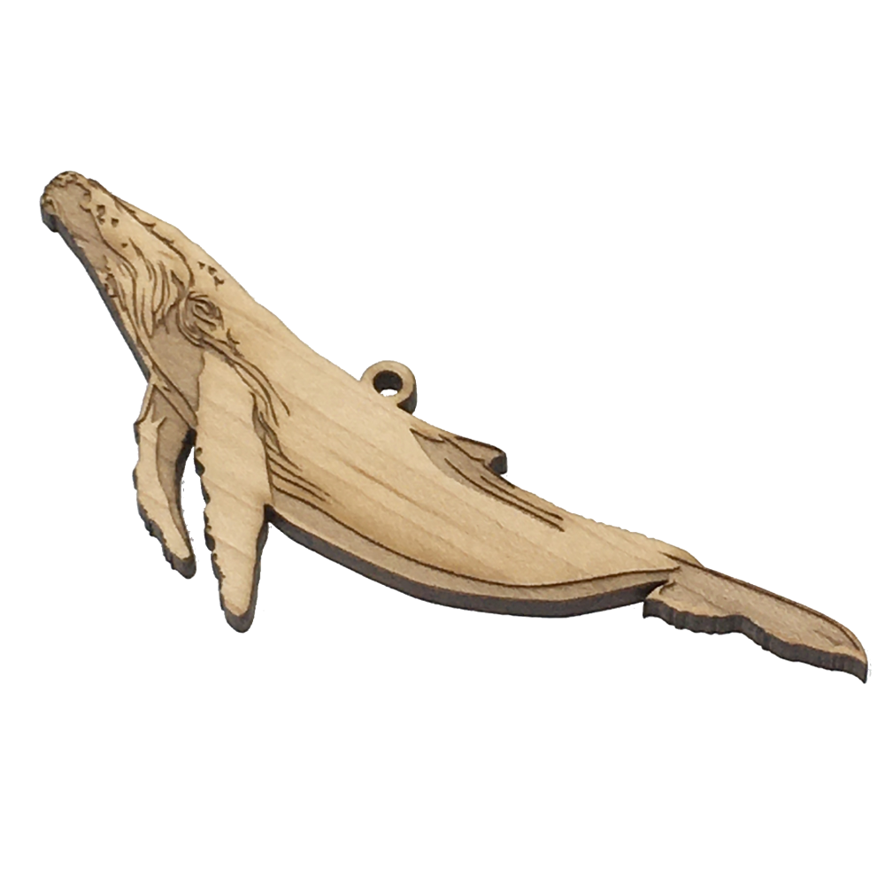 Cherry/maple laser-cut wood ornament in shape of humpback whale.